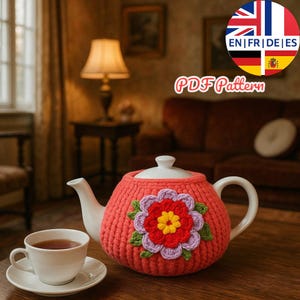 Patrón fácil de funda para tetera de crochet, patrón de accesorio acogedor para el hogar, patrón de adorno para tetera, inglés, alemán, francés y español.