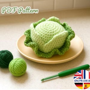 Eenvoudig gehaakt koolpatroon, patroon van amigurumigroente, gehaakte kool, Engels Duits Frans Spaans