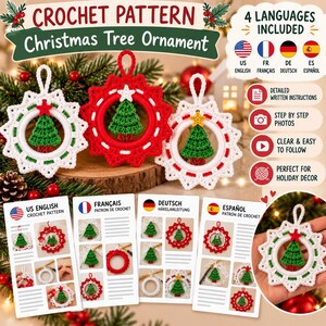 May include: A digital crochet pattern for Christmas tree ornaments featuring three circular designs with green trees and stars. The document includes written instructions, step-by-step photos, and is available in four languages for holiday decor.