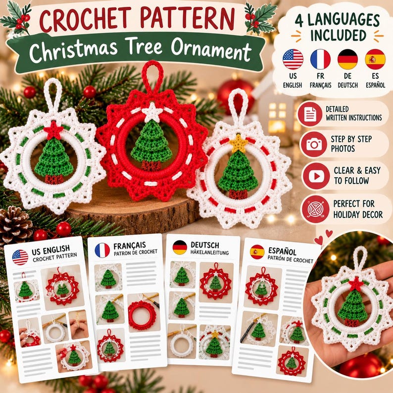 May include: A digital crochet pattern for Christmas tree ornaments featuring three circular designs with green trees and stars. The document includes written instructions, step-by-step photos, and is available in four languages for holiday decor.