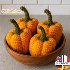 Patrón de amigurumi de pimiento morrón a crochet, ideal para principiantes, inglés, alemán, francés y español.