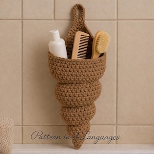 Patrón de cesta de pared con conchas de crochet - Organizador de baño - Decoración playera náutica - 4 idiomas