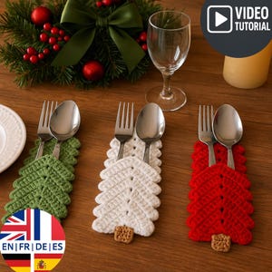 Christmas Tree Cutlery Holder Crochet Pattern – Holiday Table Decor, Christmas Dinner Table Video Tutorial - English German French Spanish