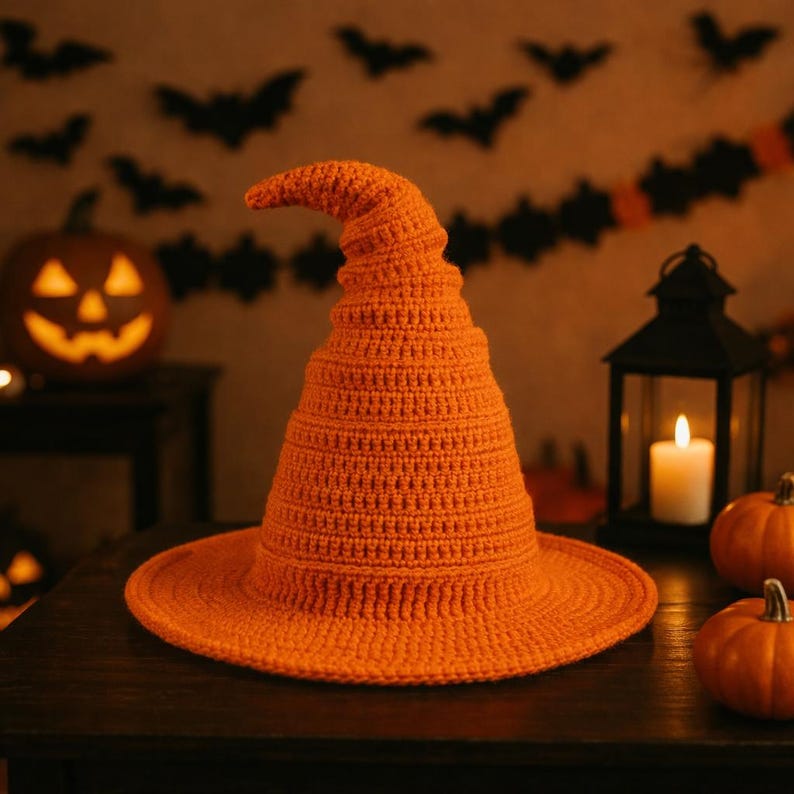 Puede incluir: Un sombrero de bruja de ganchillo de color naranja brillante con un ala ancha y una copa alta, puntiaguda y ligeramente curvada. El sombrero est&aacute; construido con un patr&oacute;n de punto de hilo denso y texturizado, creando una apariencia uniforme.