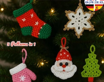 Crochet Christmas Ornaments PDF Pattern – Holiday Decoration Set (5 in 1) - English German French Spanish