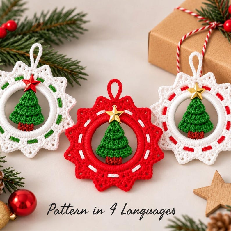 Handmade crochet Christmas tree ornaments displayed in red and white wreath designs with green trees and ready-made star embellishments. Festive holiday setting with pine branches, gift box, Christmas baubles and wooden star. Digital crochet pattern available in 4 languages: US English, French, German and Spanish.
