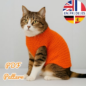 Crochet Cat Sweater Pattern, Pet Clothes, Beginner Friendly (PDF Pattern), English German French Spanish