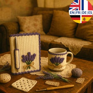 Crochet Lavender Notebook and Mug Cover Pattern, Beginner-Friendly , English German French Spanish