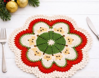 Crochet Santa Placemat Pattern , Christmas Table Decor, Holiday Doily Pattern - Santa Claus Table Decoration - 4 Languages