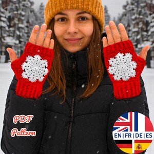 Patrón de guantes sin dedos de copo de nieve a crochet - Calentadores de manos de invierno, Tutorial de mitones navideños a crochet (Inglés, Alemán, Francés, Español)