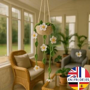 Pot de fleurs suspendu au crochet, motif végétal Amigurumi (PDF), anglais allemand français espagnol