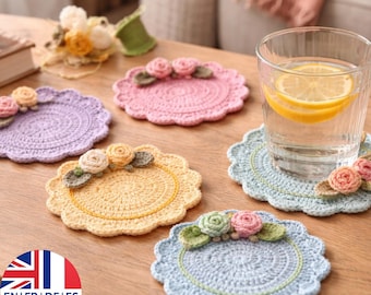 Crochet Flower Coaster PDF Pattern – Rose Applique Drink Mat – DIY Spring Table Decor – English German French Spanish