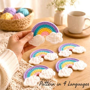 Patrón de aplique de arcoíris a crochet en PDF, motivo de arcoíris en nubes, ropa de bebé, adorno para bolso, decoración de guardería, patrón de crochet fácil, 4 idiomas