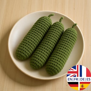 Easy Amigurumi Cucumber Crochet Pattern, English German French Spanish