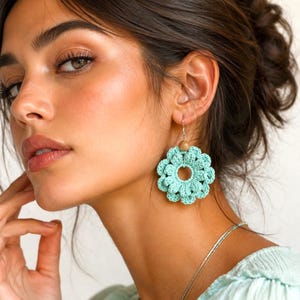 May include: A close-up of a person wearing a pair of turquoise crochet flower earrings. The earrings have a circular design with a small wooden bead at the top. The person is wearing a light green top and a silver necklace.