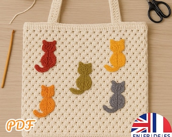 Patrón de bolso de mano con forma de gato a crochet, bolso de punto abuela, inglés, alemán, francés y español