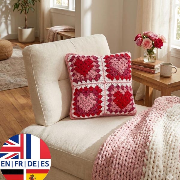 Crochet Heart Granny Square Motif Pattern – Valentine's Day Project - English German French Spanish