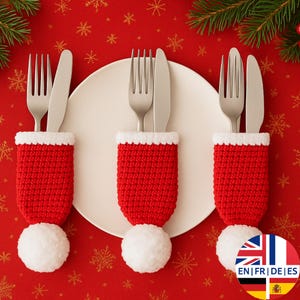 Porte-couverts Bonnet de Noel, Patron PDF de Noël au crochet - Décoration de table de Noël, anglais allemand français espagnol