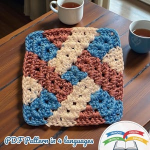 Patrón fácil de crochet con motivo geométrico de abuela cuadrada en 4 idiomas (inglés, francés, alemán y español), patrón PDF de motivo geométrico de crochet.