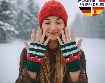 Crochet Elf Fingerless Gloves Pattern, Christmas Striped Wrist Warmers Elf Inspired Crochet Mittens Pattern, English German French Spanish