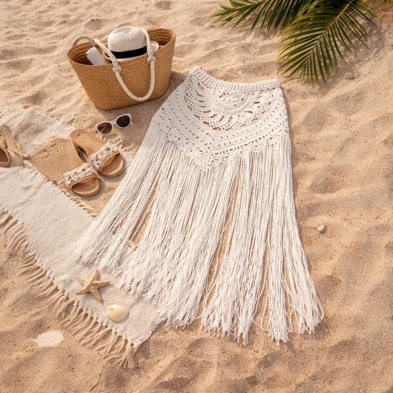 May include: A white crochet skirt with long fringe, on a sandy beach. A straw tote bag, sunglasses, sandals, and a beach towel are also visible. The skirt has a detailed, openwork design at the waist.