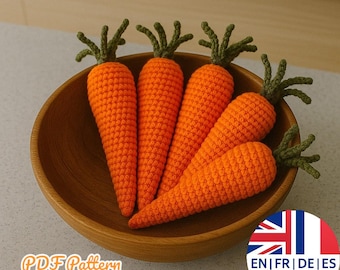 Patrón fácil de amigurumi de zanahoria a crochet, juguete vegetal, inglés, alemán, francés y español.