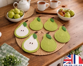 Crochet Pear Coaster PDF Pattern – Cute Fruit Drink Mat -  English German French Spanish