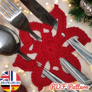 Easy Christmas Snowflake Cutlery Holder Crochet Pattern, English German French Spanish