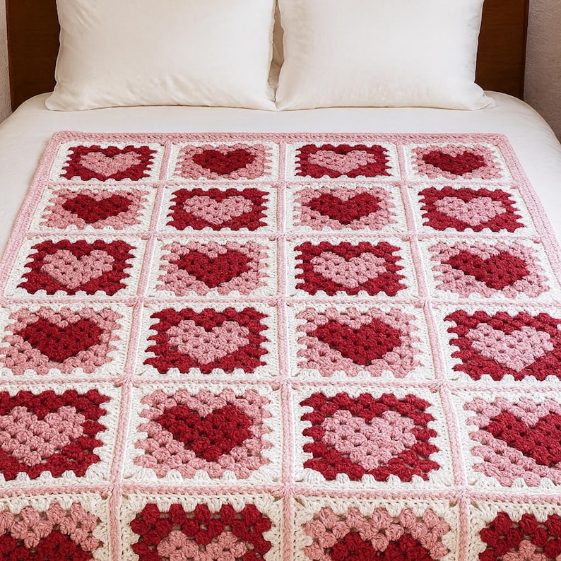 Crochet Heart Granny Square Motif Pattern – Valentine's Day Project - English German French Spanish image 3