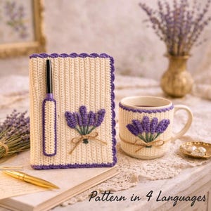 Crochet Lavender Notebook and Mug Cover Pattern, Beginner-Friendly , English German French Spanish