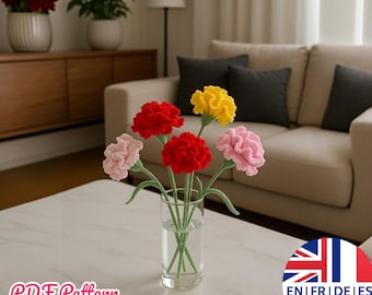 Crochet Carnation Pattern | DIY Yarn Flower Bouquet, English German French Spanish