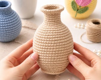Gehaakte vaas pdf-patroon, amigurumi-vaaspatroon, decoratief gehaakt huisdecor, beginnersvriendelijke doe-het-zelfvaas, 4 talen