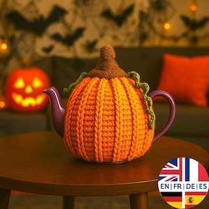Patrón de funda para tetera de calabaza de crochet, calentador de tetera de Halloween, decoración de otoño, inglés, alemán, francés y español