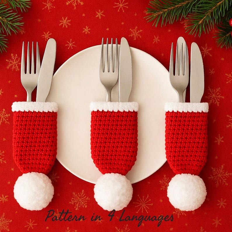 Set of 3 crochet Santa hat cutlery holders displayed on a white plate over a festive red background with gold snowflake details, handmade Christmas table decor, cozy holiday dining accessory, perfect for Christmas dinner, brunch or party styling, reusable and eco-friendly, ideal gift idea, digital crochet pattern available in 4 languages: English, German, French and Spanish, easy to follow instructions for DIY holiday table setting