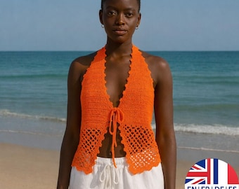 Crochet Halter Top Pattern – Open Back Lace Blouse, English German French Spanish