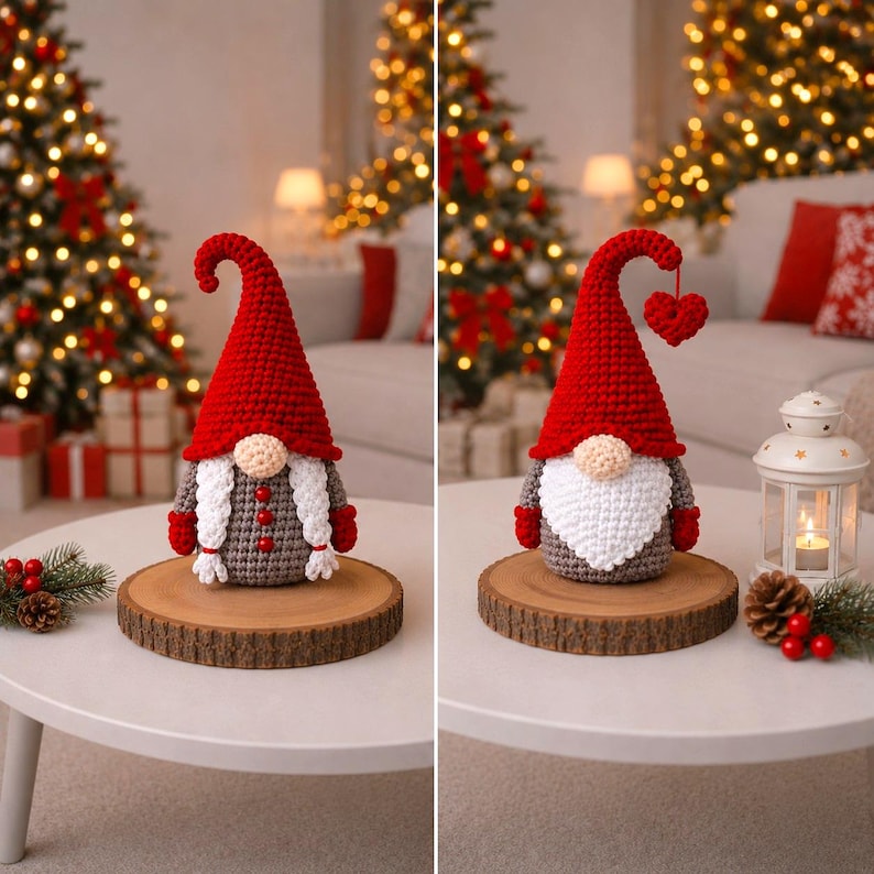 Peut inclure: Deux gnomes au crochet avec des chapeaux rouges et des corps gris, chacun avec une barbe blanche, sont pos&eacute;s sur des tranches de bois. L'un a des cheveux tress&eacute;s, l'autre tient un c&oelig;ur rouge. D&eacute;corations de No&euml;l en arri&egrave;re-plan.