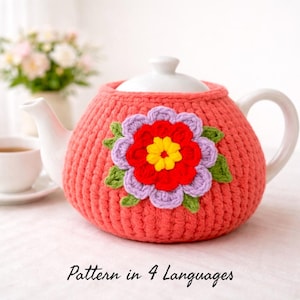 Patrón PDF para funda de tetera de ganchillo, funda floral para tetera, calentador de tetera tejido, patrón de ganchillo para hacer tú mismo, regalo para amantes del té, 4 idiomas