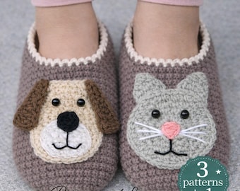 Crochet Animal Slippers Pattern – Cat & Dog Applique Slippers – 3 Patterns in 1 – Size Tips – 4 Languages