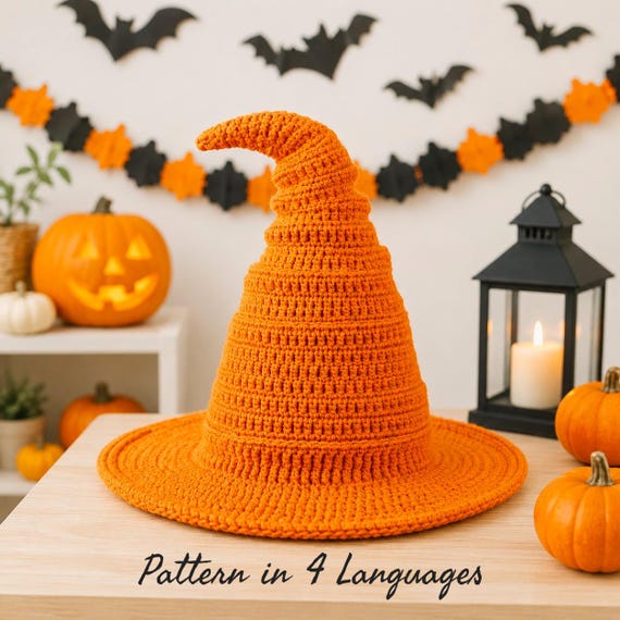 Halloween Crochet Witch Hat Pattern PDF, Crochet Witch Costume Hat, Amigurumi Witch Hat, Halloween Decor Crochet Pattern, 4 Languages
