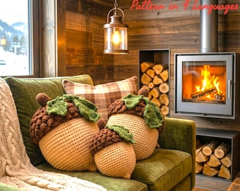 Crochet Pattern, Acorn Pillow, Rustic Fall Vintage Home Decor, Housewarming Gift, Multilingual