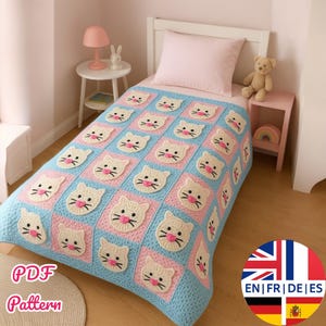 Easy Crochet Cat Face Blanket Pattern, English German French Spanish