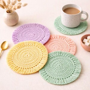 Crochet Coaster Pattern, Boho Fringe Coasters PDF, Neutral Coffee Tone Coasters, DIY Mug Rug Pattern, Handmade Gift Idea, 4 Languages image 4