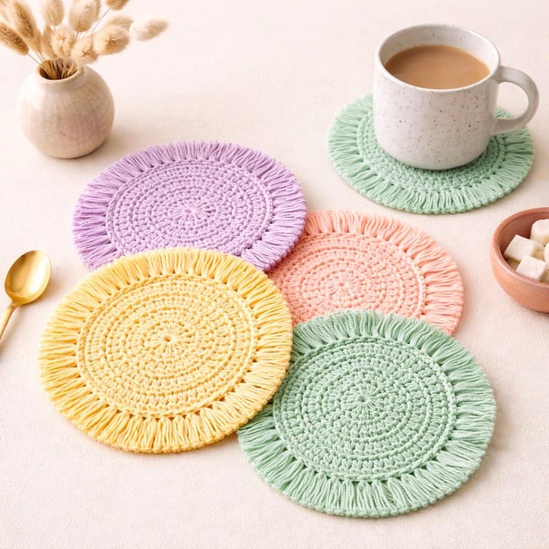 Crochet Coaster Pattern, Boho Fringe Coasters PDF, Neutral Coffee Tone Coasters, DIY Mug Rug Pattern, Handmade Gift Idea, 4 Languages image 4