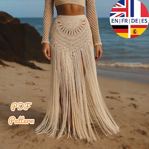 Häkelrock Fransen Rock PDF Muster - Boho Strand Cover Up - Festival Outfit - Sommerferien Kleidung - Englisch Deutsch Französisch Spanisch