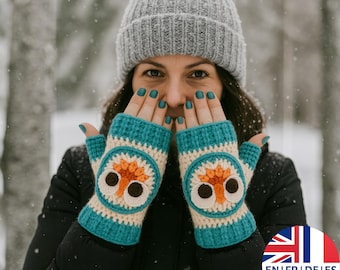 Owl Crochet Gloves Pattern – Fingerless Mitts Tutorial – English German French Spanish