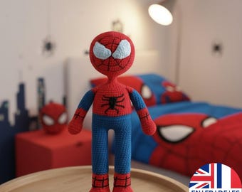 Łatwy wzór na szydełkowego Spidermana amigurumi, angielski niemiecki francuski hiszpański