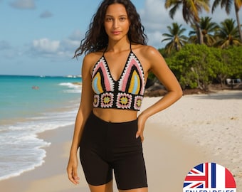 Crochet Granny Square Halter Top Pattern, Rainbow Festival Crop English German French Spanish