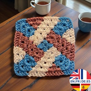 Schema all'uncinetto Grandma Square: motivo geometrico, inglese tedesco francese spagnolo