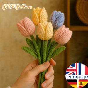 Tulip Flower Pattern, Crochet Tulip Bouquet, DIY Flowers, English German French Spanish