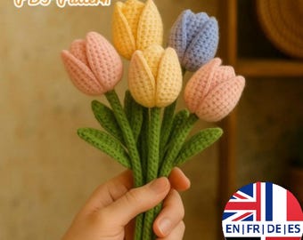 Tulip Flower Pattern, Crochet Tulip Bouquet, DIY Flowers, English German French Spanish